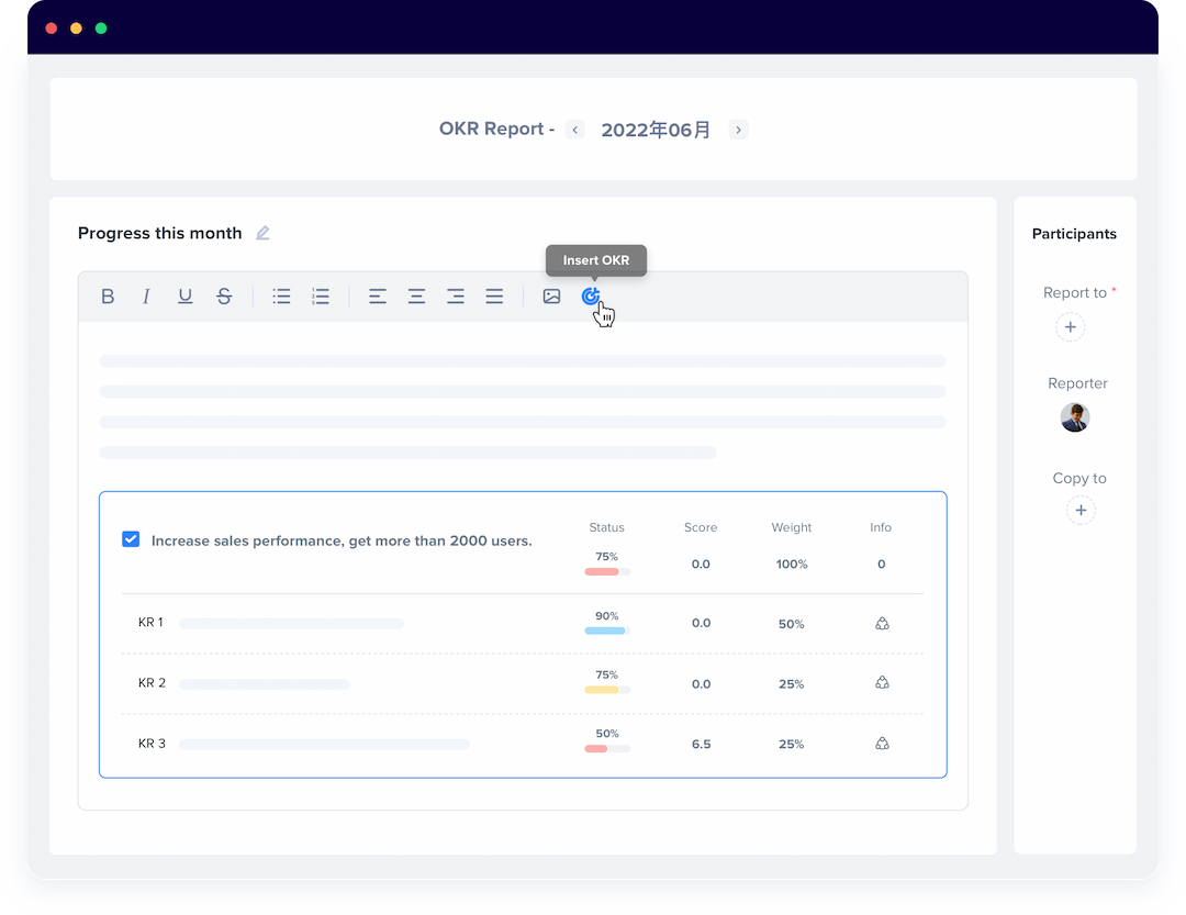 Monitor objectives for weekly and monthly reports